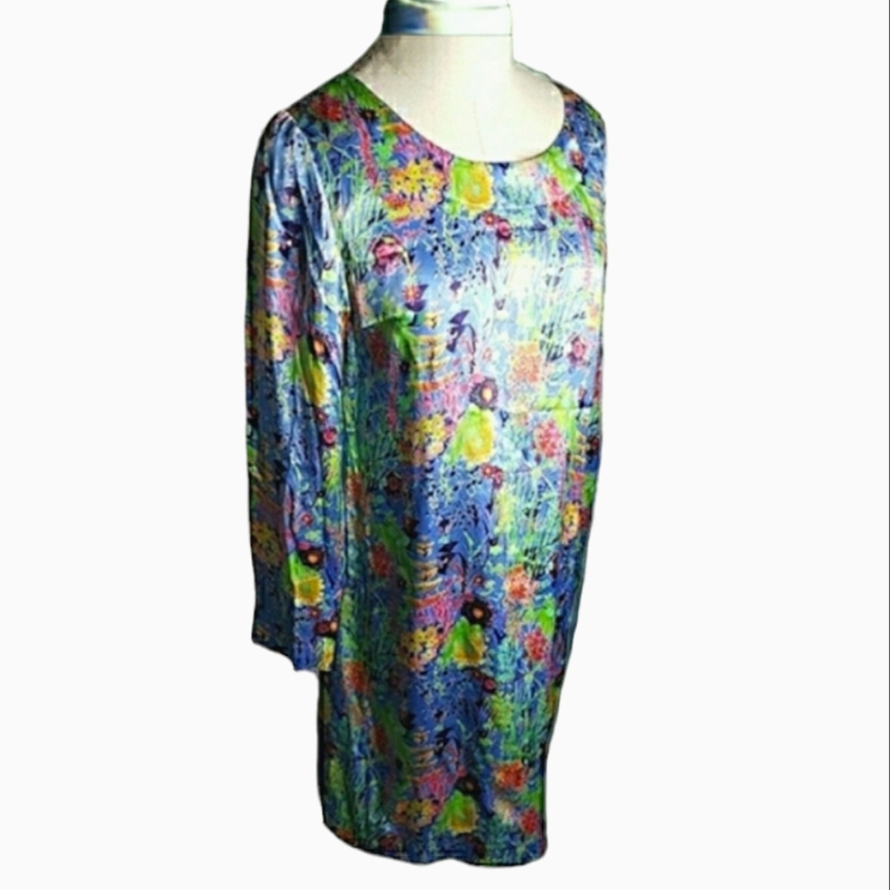 J Peterman Silk Shift Artsy Abstract Impressionist Floral Satin Bloomcore Events